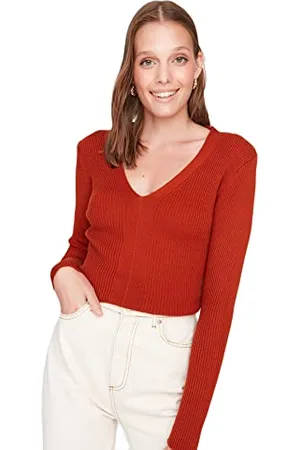 Trendyol Damski dopasowany sweter z dzianiny z dekoltem w serek, , S