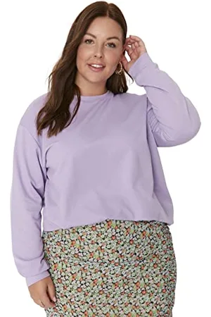 Trendyol Damska bluza z okrągłym dekoltem, gładka regularna, plus size, fioletowa, XL