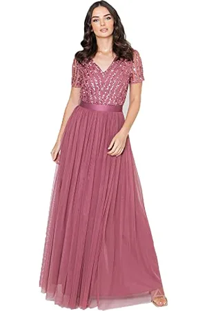 Maya Deluxe Curve Błyszcząca Suknia Wieczorowa Maxi, Krój A, Róża Pustyni, 38 EU
