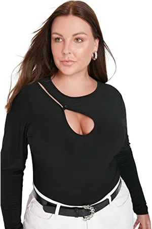 Trendyol Damska damska damska regularna bodycon choker wysoki dekolt dzianina plus size body koszula, , 5XL