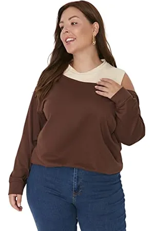 Trendyol Damska bluza z okrągłym dekoltem, jednokolorowa, regularna, plus size, brązowa, XXL
