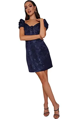 Chi Chi London Damska sukienka midi z bufiastymi rękawami, żakardowa, bodycon, granatowa, koktajlowa, , 34