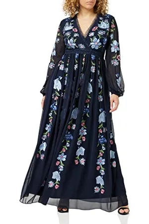 Frock and Frill Damska kwiecista haftowana sukienka na specjalne okazje, granatowa, 10, , 36