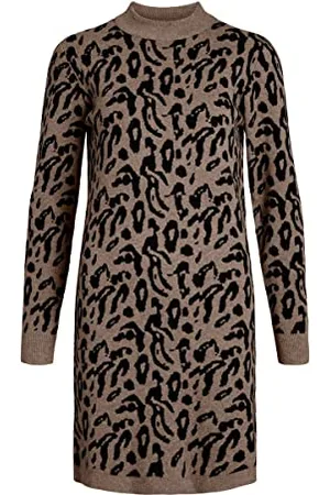 Object Damski Objray L/S Knit AOP Noos Dress, Fossil/Black SMALL Animal Jacquard, L, Fossil/Black Small Animal Jaquard, L
