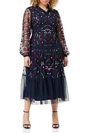 Frock and Frill Damska kwiecista haftowana sukienka na specjalne okazje, granatowa, 14, , 40