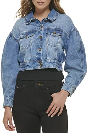 DKNY Damska kurtka dżinsowa Ls Puff Button Front Cropped Denim Jacket, , XXS