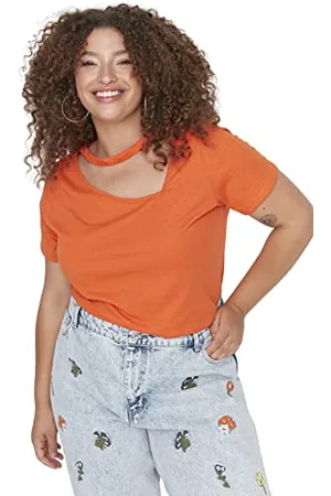 Trendyol Kobiety Plus Size Regular Standard Choker z wysokim dekoltem Tkana Koszulka Plus Size Pomarańczowa, , 5XL (Duże Rozmiary)