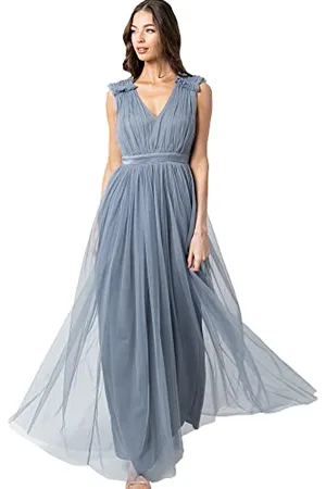 Maya Deluxe Damska sukienka maxi z falbanką na ramionach, druhna, Dusty Blue, 8