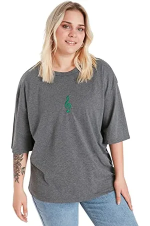 Trendyol Damska damska regularna standardowa koszulka z okrągłym dekoltem i dzianiny plus size, antracytowa, XL, , XLus