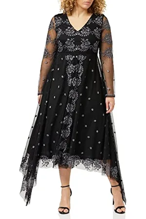 Frock and Frill Damska kwiecista haftowana sukienka na specjalne okazje, czarna, 14, , 40