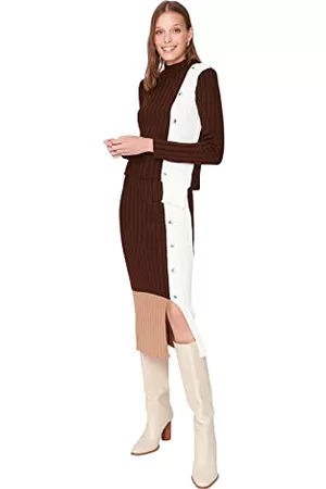 Trendyol Kobieta Zestawy - Damski gładki cienki sweter z dzianiny spódnica dwuczęściowy zestaw, Brązowy, M