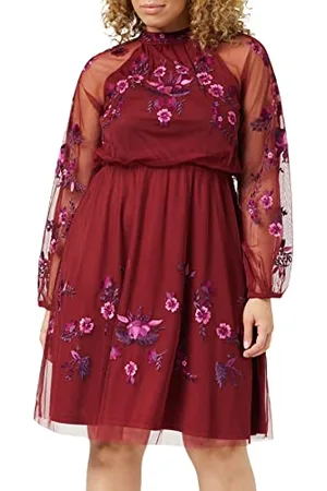 Frock and Frill Damska kwiecista haftowana sukienka na specjalne okazje, bordowa, 10, , 36