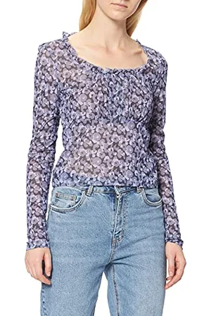NA-KD Damska koszulka z siateczką z falbanką, Purple Flower, XS