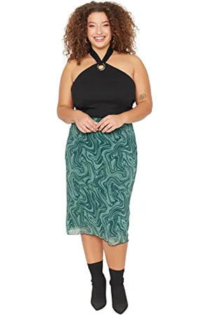Trendyol Damska damska mini ołówkowa dzianinowa spódnica plus size, zielona, 5XL