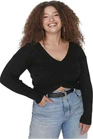 Trendyol Damska bluza z dekoltem w serek, zwykła, plus size, czarna, 3XL, , 3XL