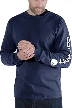 Carhartt Męski luźny, ciężki, długi rękaw T-shirt z grafiką logo na rękawie - T-shirt, granatowy, L, , L