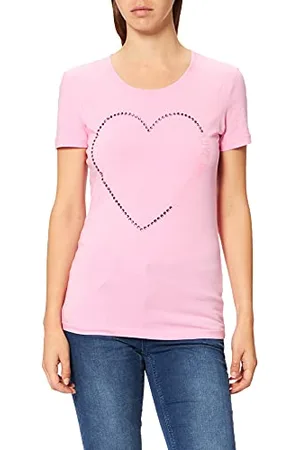 Moschino Damski Fitted Short Sleeved Hue Rhinestone Heart with Shiny Print On Chest T-Shirt, , 42 PL