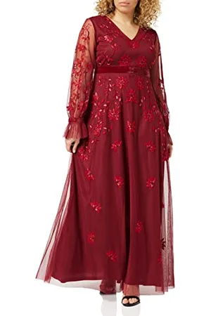 Frock and Frill Damska kwiecista haftowana sukienka na specjalne okazje, bordowa, 10, , 36