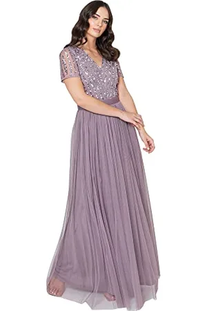 Maya Deluxe Damska sukienka maxi dla druhny dekolt w serek suknia balowa z krótkim rękawem długa elegancka empire talia ślub, , 32