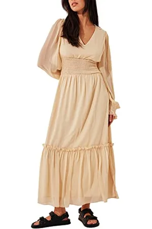 NA-KD Smocked Detail Sukienka na kostkę, lekki piasek, 34 EU, , 34