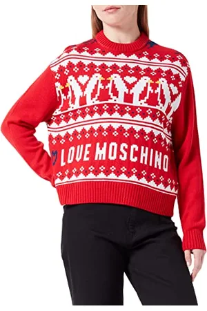 Moschino Damski regularny krój, długi rękaw, okrągły dekolt z napisem "Allover Love Hearts" Penguins Jacquard Intarsia Front and Back Pullover, , 44