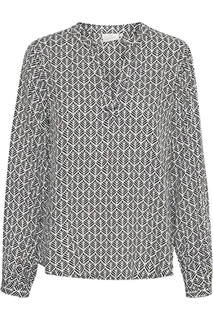 Kaffe Damska bluzka z długim rękawem V-Neck, czarna/chalk Fan Print, 42