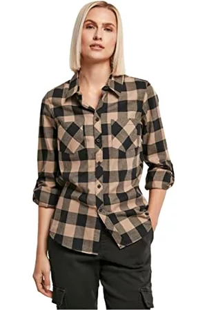 Urban classics Kobieta Bluzki - Damska koszula damska w kratkę, flanelowa koszula, damska koszula drwala z długim rękawem, dostępna w wielu kolorach, rozmiary XS-5XL, czarny/softtaupe, XS