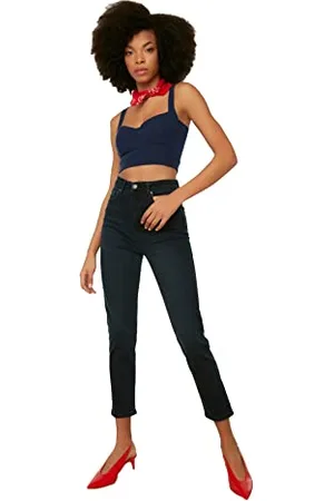 Trendyol Noc Blue High Waist Mom Jeans Kobiety, , 32