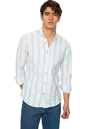 Trendyol Męska koszula Slim Fit Button z kołnierzem cienka koszula w paski, , S