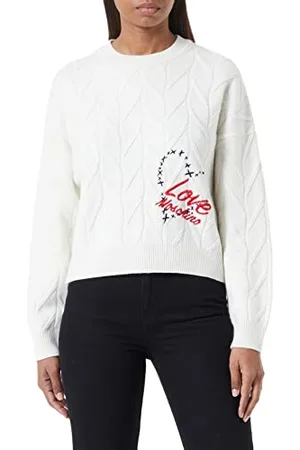 Moschino Damski sweter oversize Fit z długim rękawem okrągły dekolt z sercem i logo, emblemat, , 46