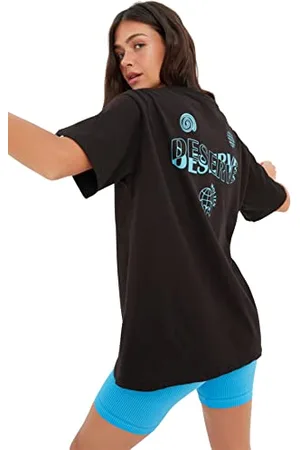 Trendyol Damska damska damska oversize standardowa koszulka z okrągłym dekoltem, czarna, XL, , XL