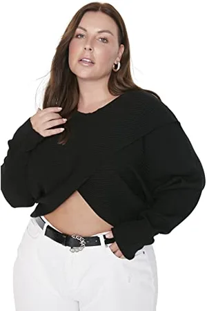 Trendyol Damska bluza z dekoltem w serek zwykły zwykły sweter plus size, , 4XL Duże rozmiary