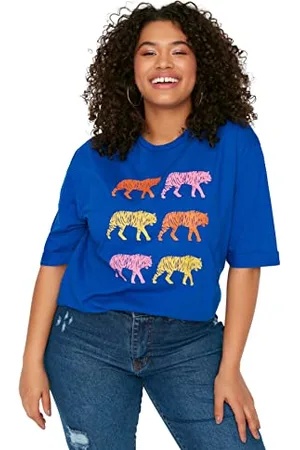 Trendyol Damska koszulka Plus Size Regular Shift Crew Neck Knit Plus Size Blue, , 6XL