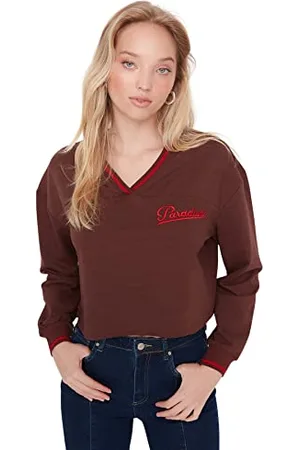 Trendyol V Neck z hasłem Regular Bluza dresowa, Brown, XL De Las Mujeres, , XL