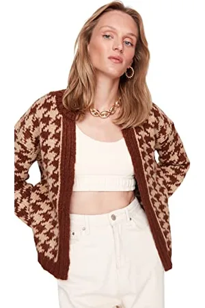 Trendyol Damski sweter rozpinany z dekoltem w serek z wzorem pepitki, , S, , S