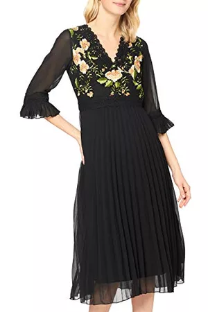 Yumi Kobieta Sukienki Dzienne - Damska czarna kwiatowa haftowana sukienka z plisowaną spódnicą i karbowanym rękawem codzienna noc