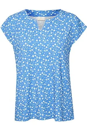 Kaffe Damska koszulka z kapturem z dekoltem w serek z nadrukiem z niebieskim małym kwiatem, XL