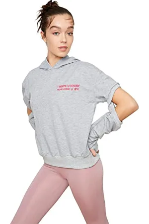 Trendyol Damska bluza z szarym dekoltem, szczegółowy nadruk slim dzianina, szara, mała