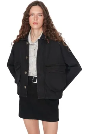 Trendyol Damen Regular Standard Plain Denim Jacke Płaszcz, czarny, S damski, Nero, S