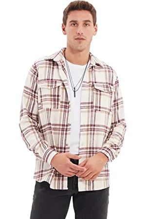 Trendyol Męska koszula z długim rękawem i długim rękawem w stylu Burgundy Regular Fit Collar Double Pocket Lid Sleeve Lumberjack Plaid Shirt, S