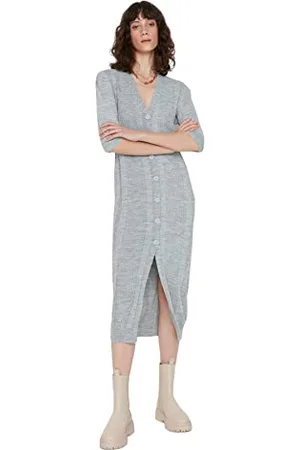 Trendyol Damska damska sukienka z dzianiny Midi Standard V-Neck, , L