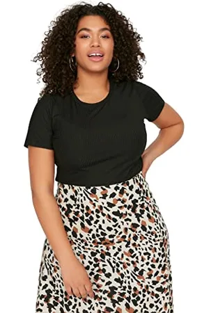 Trendyol Damska koszulka damska Slim Standard Crew Neck Knit Plus Size, czarna, 3XL, , 3XL