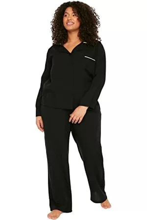 Trendyol Kobieta Szerokie - Damska jednokolorowa tkana koszula - spodnie plus size piżama zestaw, Czarny, 72 duże rozmiary