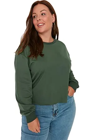 Trendyol Damska bluza z okrągłym dekoltem, jednokolorowa, regularna, plus size, szmaragdowa, XL