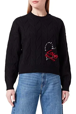 Moschino Damski sweter oversize Fit z długim rękawem okrągły dekolt z sercem i logo, emblemat, , 42