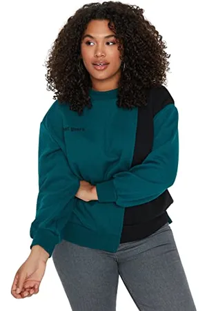 Trendyol Damska bluza z okrągłym dekoltem w kolorowe bloki kolorów, zielona, 5XL, , 5XL