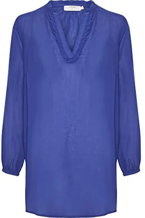 Cream Damska bluzka Tunic Longline V-Neck Frill Detale Koszula z długim rękawem, Sodalit Blue, 38
