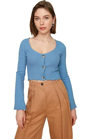 Trendyol Damska bluza wirująca z niebieskim guzikiem, S