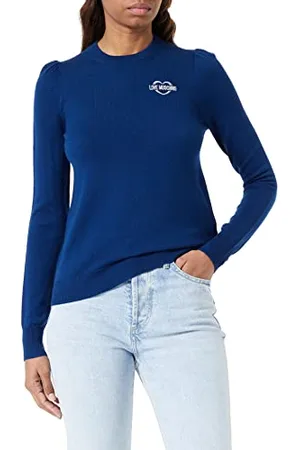 Moschino Damski sweter o regularnym kroju z okrągłym dekoltem, długie rękawy z mankietem i sercem, emblematem, , 40