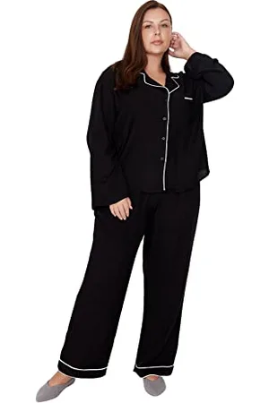 Trendyol Damski jednokolorowy materiał tkany koszula-spodnie duże rozmiary w zestawie piżamowym, czarny, 50, Schwarz